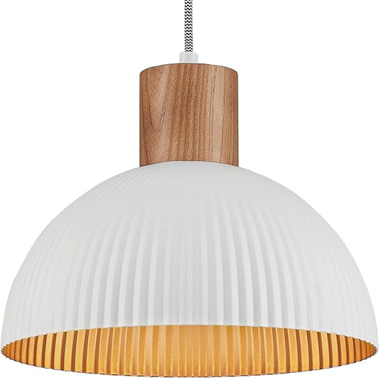 ELYONA Modern Ash Wood Pendant Light Fixtures 12" Hanging Lamp Nordic White Metal & Gold Inner Finish Boho Pendant Light for Farmhouse Kitchen Island Dining Room Bedroom Living Room Hallway