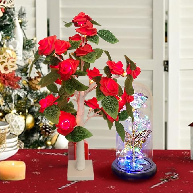 LED Artificial Rose Flower Light Mini Tabletop Light up Bonsai Lamp Indoor Decorative Fake Tree for Fireplace, Bedroom, Party - 21.6Inch Tree for Valentine Women Gifts