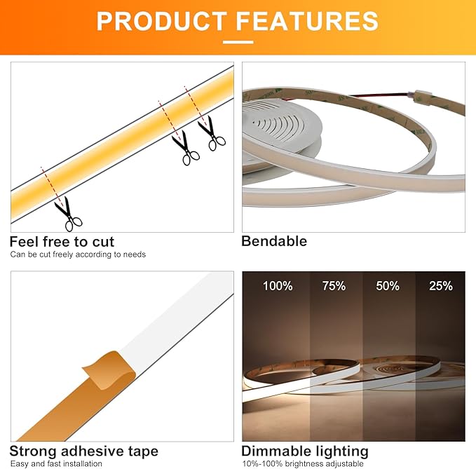 Free Cuttable COB LED Neon Strip Light Waterproof IP68, 12V 16.4ft 4000K Silicone Flexible DIY LED Tape Light for Outdoor Bathroom Swimming Pool Decoration (Without Power Supply)