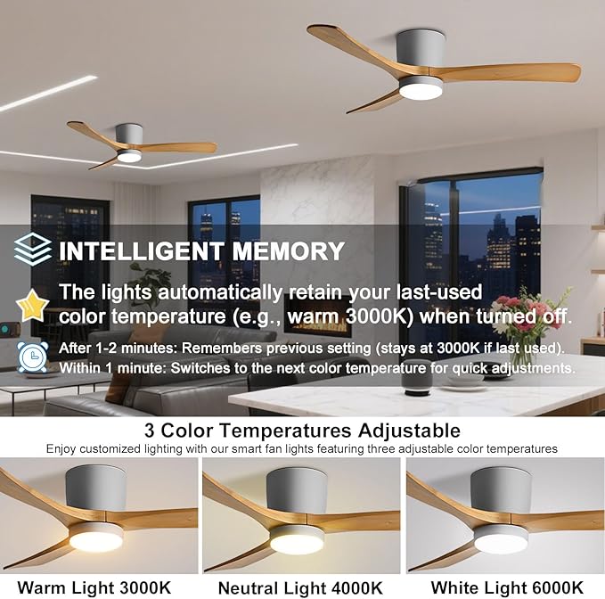 48in Quiet Ceiling Fans with Light ETL Listed Ceiling Fan Lights Living Room Bedroom ‎Remote Ceiling Lighs Fan Lighting 6 Gear Wind Speed Grey Ceiling Fan Light Wooden Fan Blades