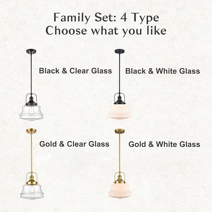 Industrial Black Pendant Light Milk White Glass Schoolhouse Hanging Light Fixture, E26 Dimmable Light for Kitchen Bar Dining Bathroom Bedroom