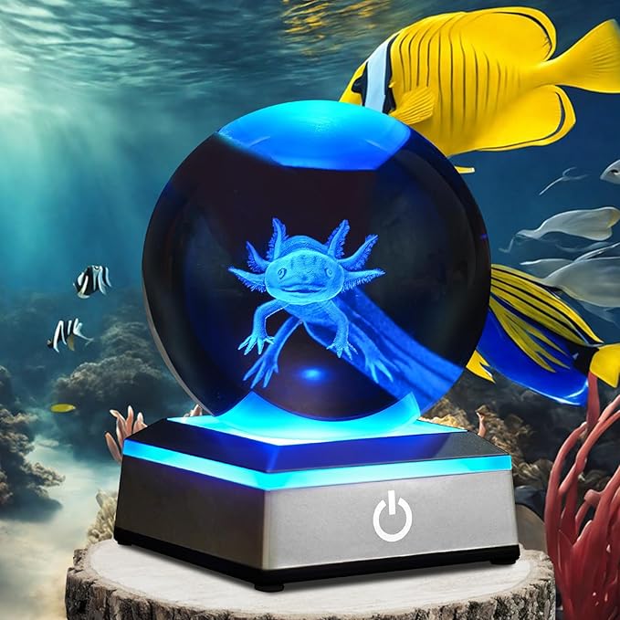 3D Axolotl Crystal Ball Night Light 3.15 inch Glass Ball Table Lamp with Color Changing Touch Base Decor Ideal Axolotls Gifts for Friends Kids Christmas Birthday