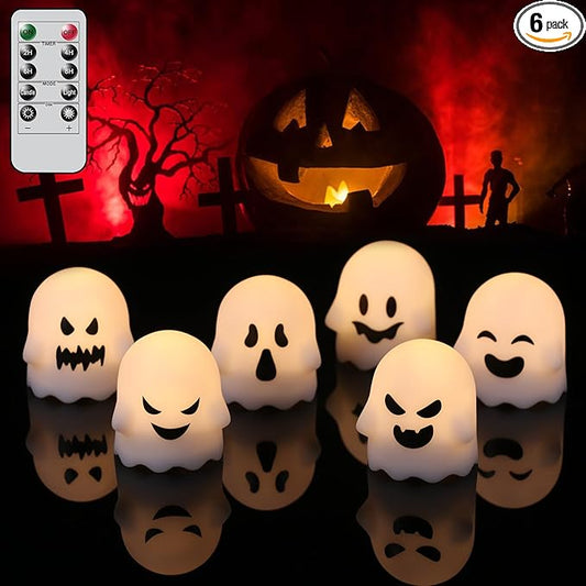 DRomance Halloween Ghost Lights Flameless Candles Battery Operated with Remote and Timer 6 Pack Spooky White LED Votive Candles Dimmable Light Halloween Indoor Decoration(2 x 2.4 Inches)