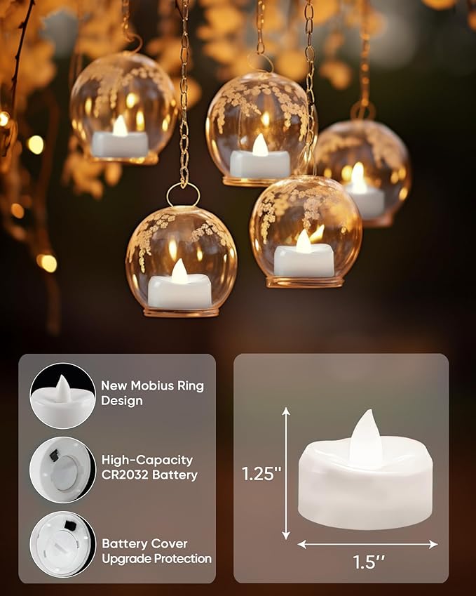 LED Candles, Tea Lights Candle Battery Operated, 50-Pack 200+Hours Flameless Tealight Candle, Realistic Tea Lights for Halloween Christmas Wedding, Pure White Light