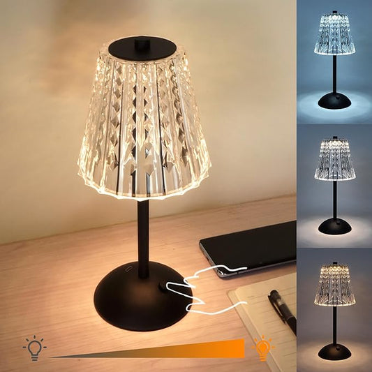 Cordless Table Lamp, 4000mAh Rechargeable Battery Operated Lamp, 3 Color Modes & Stepless Dimmable LED Touch Lamp, Portable Crystal Metal Beside Lamps for Bedroom Restaurant Outdoor(Black)