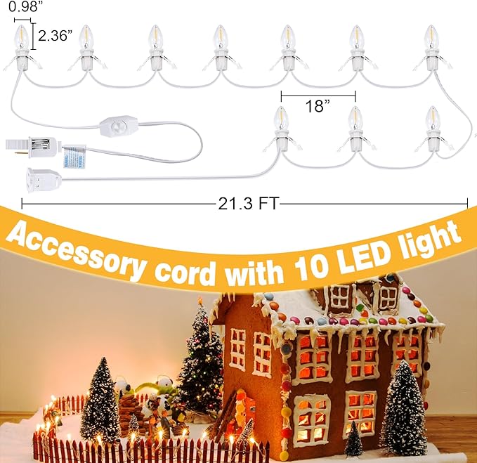 Meonum 10LED Bulbs Accessory Extension Cord, End to End Connectable Blow Mold Light Cord with Adjustable Dimmer Switch, Replacement Lamp Kit for Ceramic Houses, Halloween & Christmas Village Decor