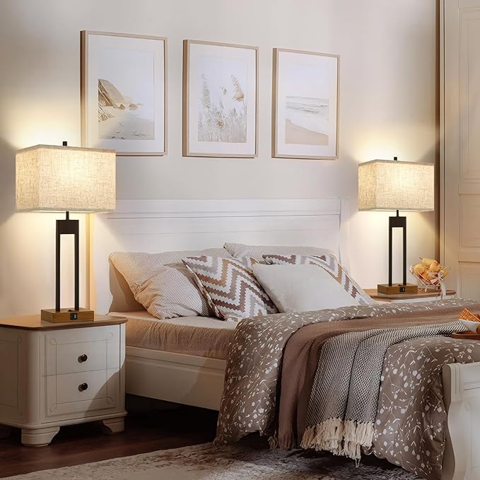 GyroVu 25.5'' Set of 2 Modern Bedroom Table Lamps with USB C+A Ports, 3 Color Changeable, Brown Night Stand Lamps for Bedside, Guest Room, Office, Reading