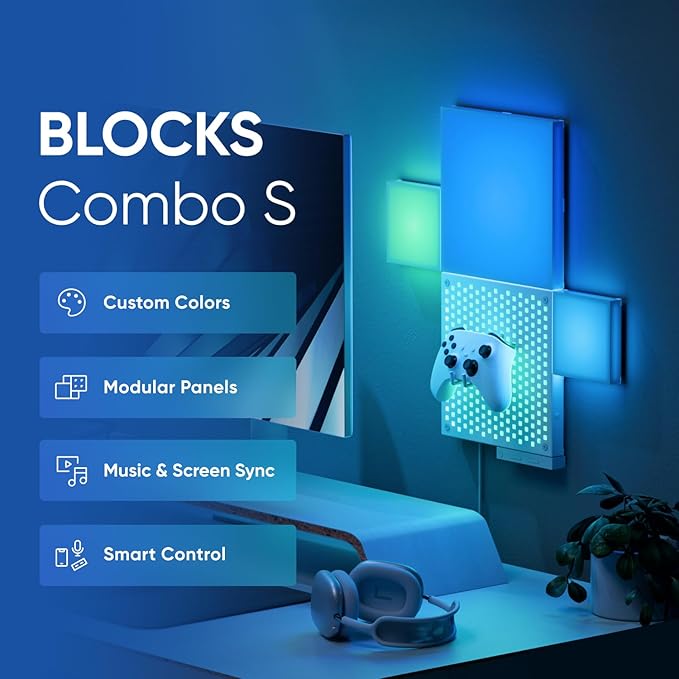 Nanoleaf Blocks Combo S Smarter Kit, Indoor RGBW WiFi Wall Light Panels, 4pk