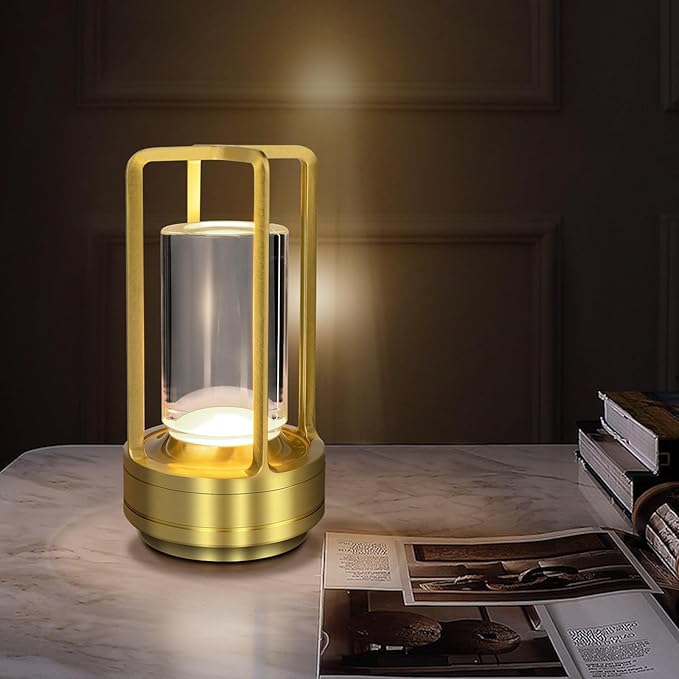 Cordless Table Lamp for Outdoor Indoor, Portable Rechargeable Battery Powered LED Crystal Lantern Lamp, 3 Color Touch Control Stepless Dimming, Small Desk Light for Restaurant Home (Gold)