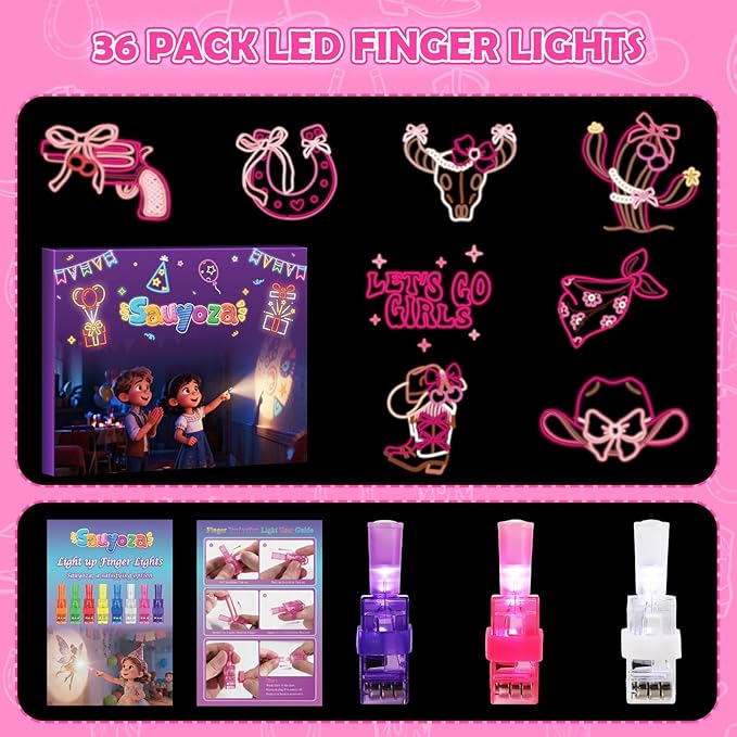 36 Pack Cowgirl Party Favors LED Finger Lights for Girls Birthday, Glow in the Dark Western Theme Party Supplies, Cowgirl Goodie Bag Stuffers, Classroom Rewards Carnival Prizes