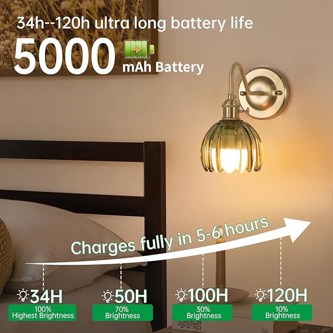 Vintage Battery Operated Wall Sconce Set of 2, 5000mAh Rechargeable Wall Light, Indoor Battery Powered Wall Lamp for Bedside Bedroom Living Room, Tulip Green