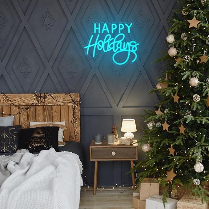 Happy Holidays Neon Sign for Wall Decor Blue Holiday Neon Lights Dimmable LED Christmas Neon Signs for Christmas, Thanksgiving, New Year