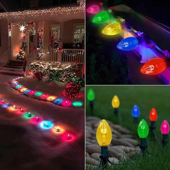 25 Pack C9 Replacement Christmas Light Bulbs,7 Watt C9 Multicolor Clear Light Bulbs for Christmas Indoor Outdoor Patio Halloween Party String Lights, C9/E17 Candelabra Base