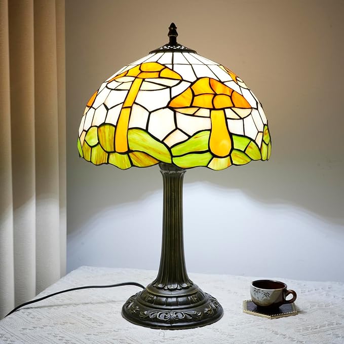 uniquel Vintage Orange mushroom Tiffany lamps Retro Style Stained Glass Table Lamp Cute Aesthetic Bedside Lamp for Bedroom nightstand Night Stand Lighting reading cottage decor desk lamp 12 inch E26