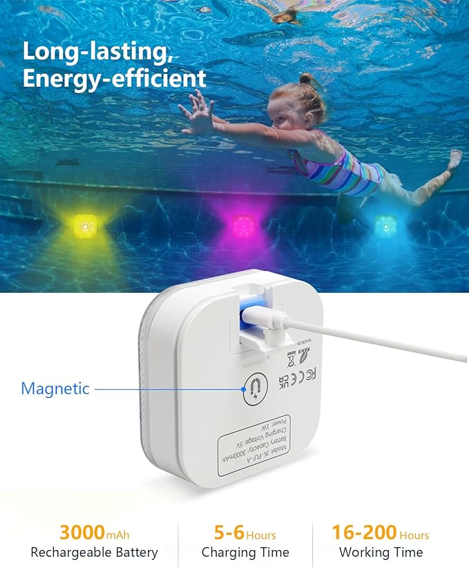 Vangue Premium Rechargeable Submersible Lights, 3 Lighting Modes LED Pool Lights for Inground Pool, IP68 Waterproof, Brightness Adjustable, Also Suitable for Hot Tubs, Showers, Ponds