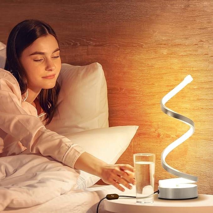 NUÜR Infinity Spiral LED Table Lamp, Dimmable Metallic Bedside Lamp with Touch Controller, 3 Colour Temperature, 15.8 Inch Height, Decorative Lamp for Home, Living Room & Office (Silver)