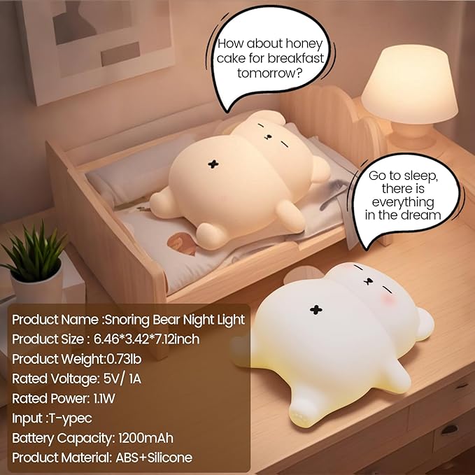 Sleepy Snoring Bear Night Light,Novelty Nursery Nightlight for Kids, Dimmable/Timer/Rechargeable USB-C, Food-Grade Silicone LED Squishy Animal Bedside Lamp,Funny Gifts for Boys Girls Baby,Room Decor