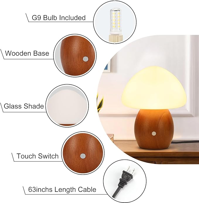 Mushroom Lamp with Touch Control Switch, Small Wooden Table Lamp with Glass Shade, 3 Way Dimmable Nightstand Lamp for Bedroom, G9 LED Bulb Included (Brown Color&Opal White Glass Shade)