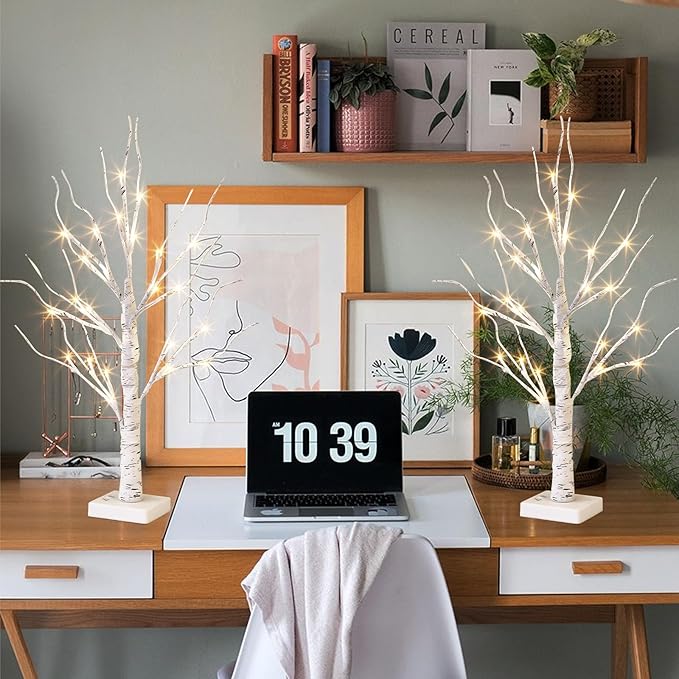Vanthylit White Birch Tree with LED Lights - Set of 2, Tabletop Tree with Timer, Christmas Decorations Lighted Tree for Indoor Mantel Home Decor (2 FT, 24 LED)