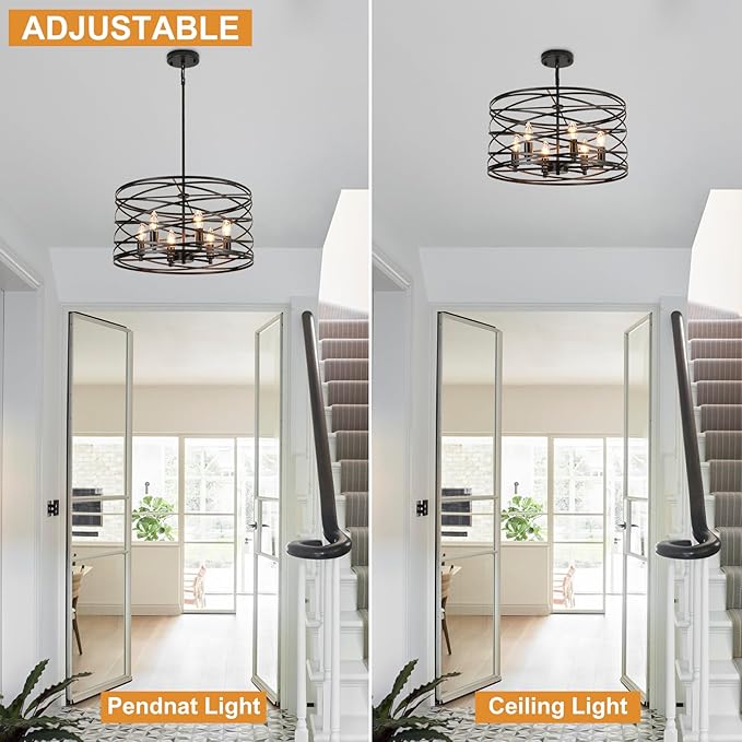 WILON 6-Light Pendant Lights Kitchen Island,19.68'' Spiral Cage Pendant Lights,Adjustable Black Industrial Pendant Light Fixtures Retro Lighting for Kitchen Island, Living Room, Bedroom