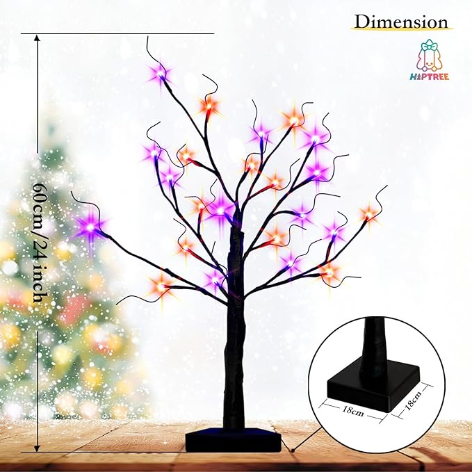 2-Pack Lighted Halloween Christmas Fall Tree Decorations Indoor, 2ft Black Birch Tree with LED Lights, Small Tabletop Christmas tree with lights, Warm White Battery- Powered Fairy Light Spirit