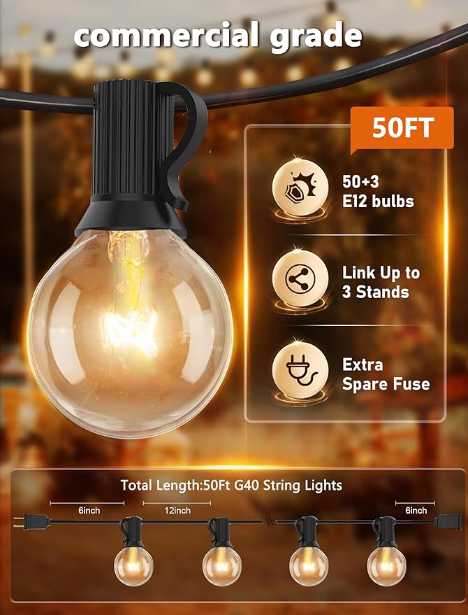 50 Feet Patio String Lights with 53 Edison Globe Bulbs, UL Listed for Indoor Outdoor Use, E12 Socket Base, Connectable Lights for Porch Deck Gazebos Balcony Wedding Gathering Parties Decor, Black