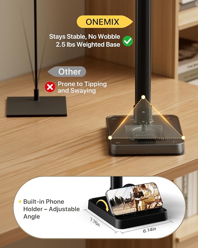 ONEMIX 42" LED Desk Lamp for Home Office, Eye-Caring Desk Light with Adjustable 4-Segment Bar, 1800LM Bright, Remote, Architect Table Lamp with Base for Dual Monitors, Reading, Study, Workbench(Black)