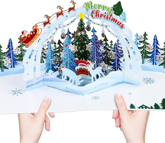 FaCraft Musical Christmas Cards, with Lights and Music, 15.4 x 10.4 inch Handmade 3D Large Pop Up Christmas Card, with Envelope Blank Insert and Seal for Winter Holidays New Year (Woodland)