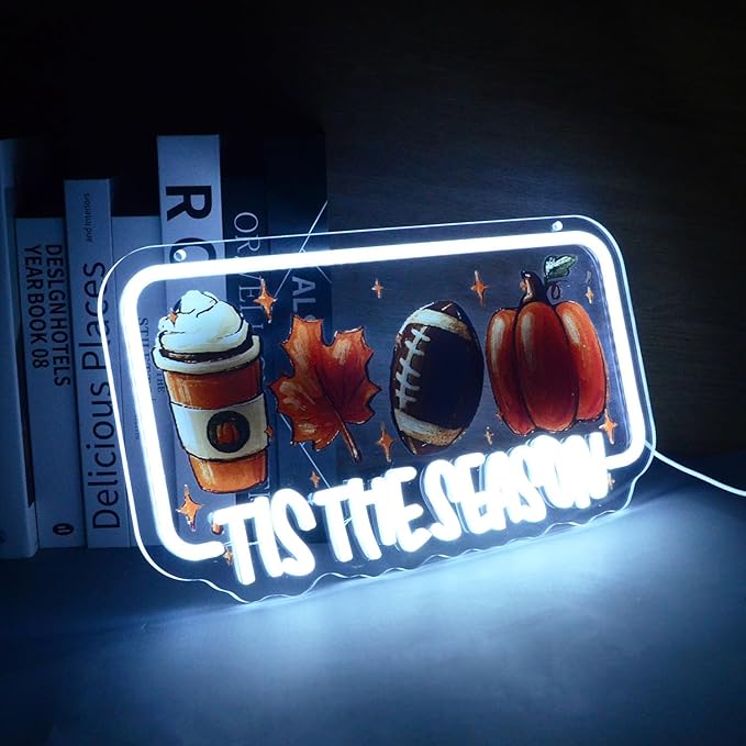 Tis The Season Neon Lights Latte Coffee Maple Leaf Football & Pumpkin LED Sign Inspirational LED Wall Art for Christmas Halloween Thanksgiving Sports Fan Cave Fall Decor Home Bar or Cafe