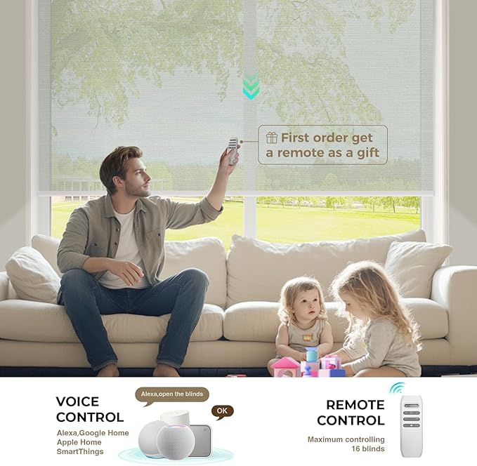 HeyBlinds Motorized Roller Shades, Smart Blinds for Windows, Remote Automatic Window Shades, Electric Shades, Light Filtering, Compatible with Alexa Google Apple Home (Mist-Light Gray LF)