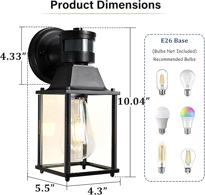 COTTAGE LIFE Motion Sensor Outdoor Wall Light Fixtures, 2 Pack Black Exterior Wall Sconces, Waterproof Outdoor Porch Lights for Front Door, Garage, Patio, Entryway