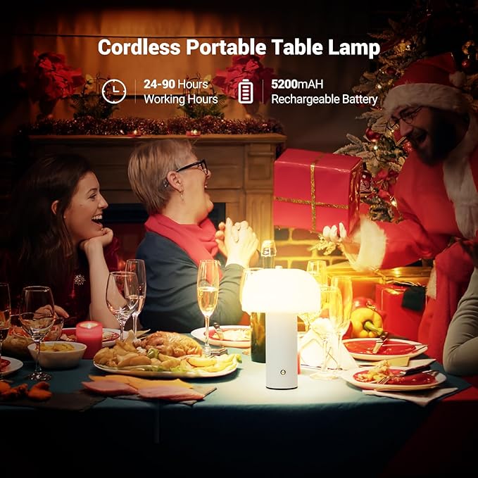 Cordless Mushroom Table Lamp Rechargeable,4000mAH Portable Battery Operated Lamp,3 Color Stepless Dimming Modern Lamps for Bedside Lamps,Touch Dimming Night Light for Home/Restaurant White