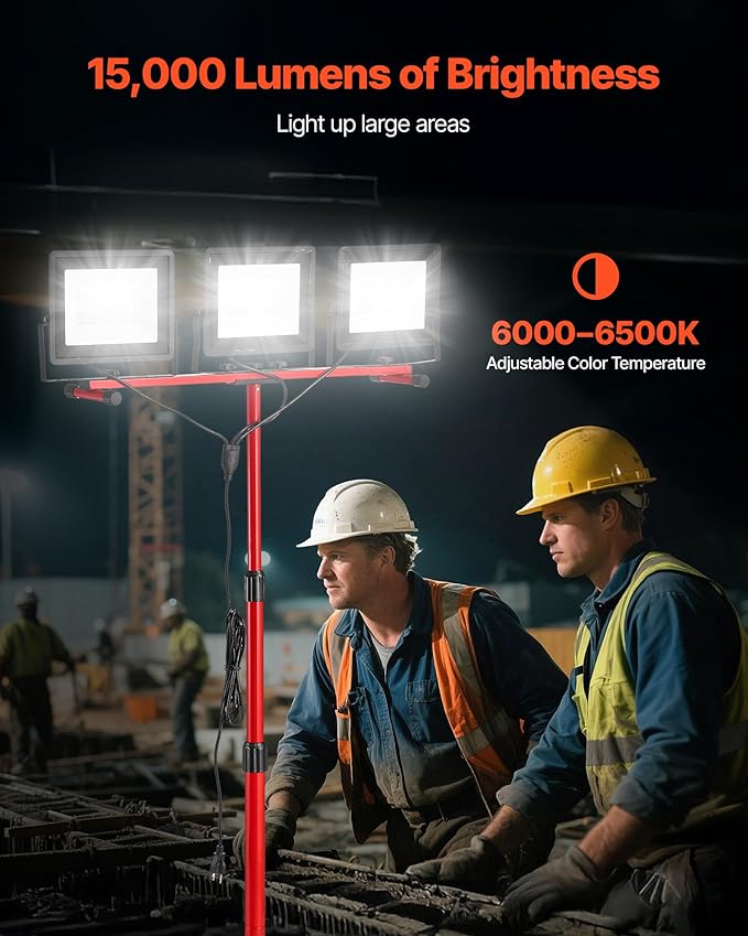 VEVOR LED Work Light with Stand, 15000 Lumens, Three-Head Portable Camping Light with Individual Switch, Tripod Stand, 10.83 ft Power Cord, for Indoor Outdoor Job Site Construction, IP65 Waterproof