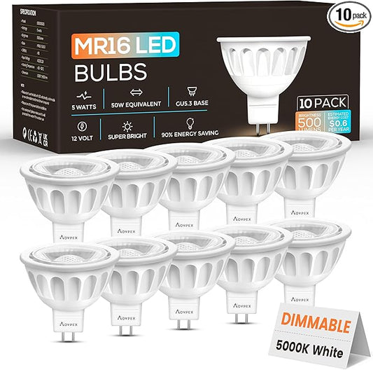 10 Pack Dimmable MR16 LED Bulbs, 12V 5W(50-Watt Equivalent), 5000K Daylight White, GU5.3 Bi-Pin Base, 40-Degree, Indoor/Outdoor Landscape Spotlight Track Recessed Lighting