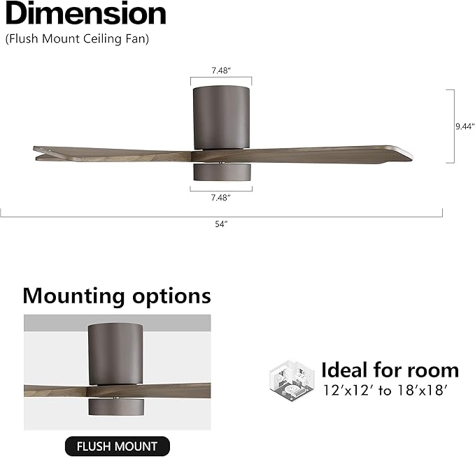 WINGBO 54 Inch Flush Mount DC Ceiling Fan with Lights and Remote, 5 Reversible Carved Wood Blades, 6-Speed Noiseless DC Motor, Hugger Ceiling Fan in Graphite Finish with Gray Blades, ETL Listed