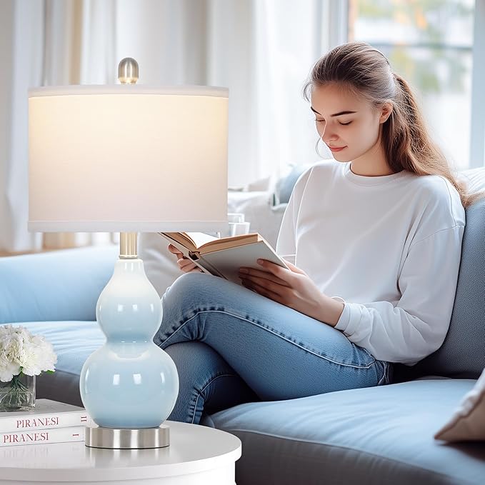 Double Gourd Ceramic Table Lamps Set of 2, Modern Blue Bedside Lamps for Night Stand, Contemporary Nightstand Lamps for Bedroom Living Room (Bulb Included)