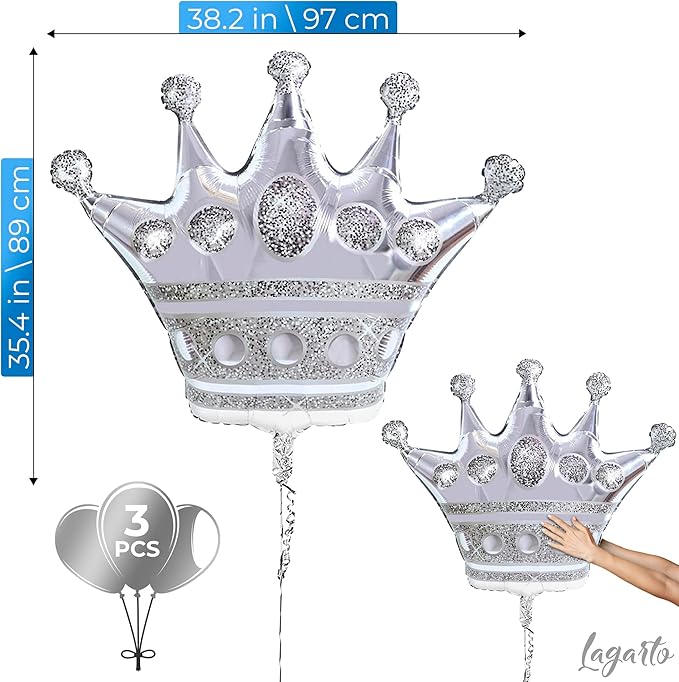3Pcs Silver Crown Balloons – Extra Large 39" Foil Silver Balloons Set, Reusable Self-Sealing Design, Durable & Easy to Inflate – Centerpiece for Parties, Photo Backdrops & Princess Theme Decorations