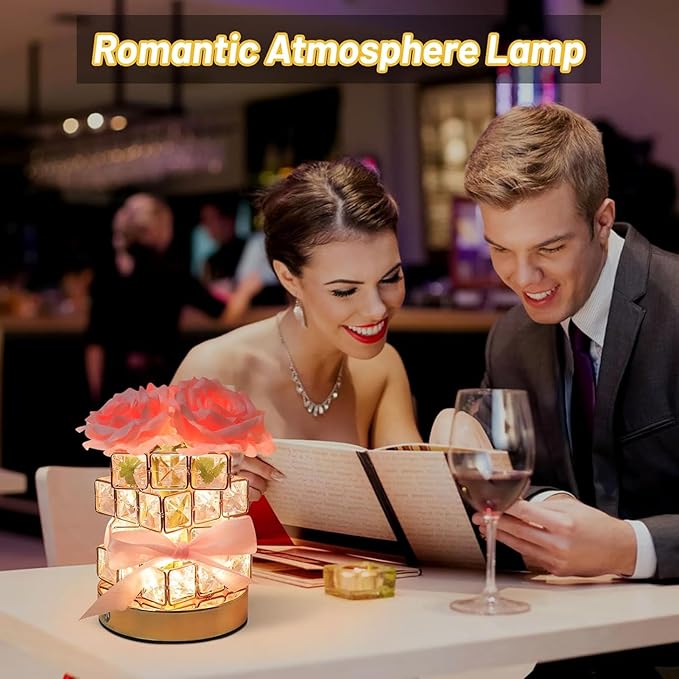 Asixxsix Rose Flower Lamp, 3 Colors Dimmable Rose Table Lamp Rechargeable Touch Control Roses Crystal Table Lamp, Cordless Roses Light, Cordless Touch Lamp for Valentine Birthday, Home