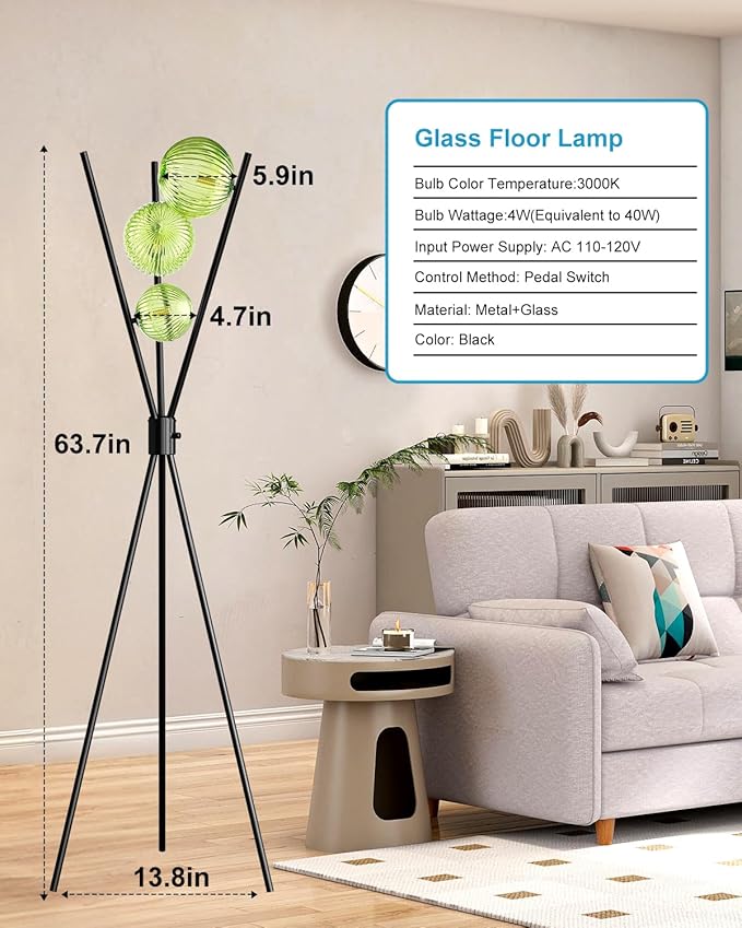Lightdot Dimmable Black Tripod Floor Lamp, Mid Century Standing Lamps with 3 Globe Green Glass Lampshade& Bulb Included, 3000K Bulbs Included Modern Tall Lamp for Living Room/Sofa Beside/Corner Decor