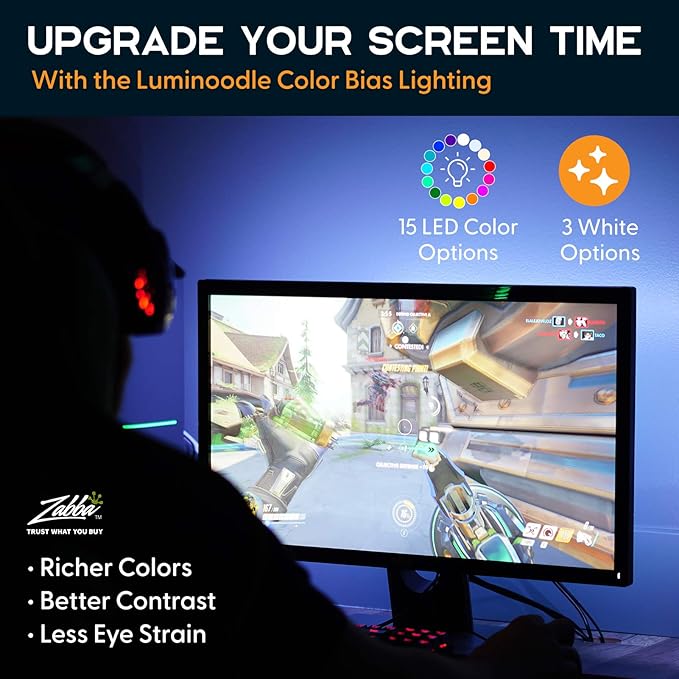 Power Practical LED Lights for TV in Living Room or Bedroom, Luminoodle Backlight, USB Powered Strips w/Remote for 15 Ambient Color Bias Lighting Options & 10 Brightness Modes, Size (41"-59" TV)