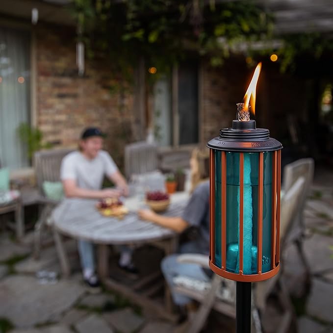 TIKI 2-Pack Retro Stripe Glass Torches, 65-Inch Outdoor Decorative Torches for Patio, Backyard & Garden, Easy Install with Refillable Canister, Long-Lasting Wick & Snuffer, Blue & Copper