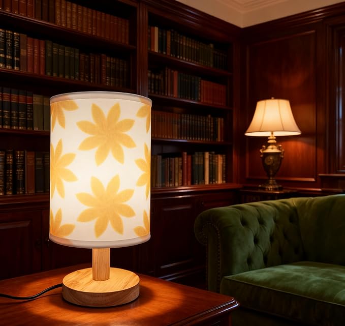 Small Bedside Night Table Lamp∣Inline Control & 3 Brightness Levels∣Yellow Flower-Patterned Shade Bedside Lamp for Bedroom,Living Room,Study,Dorm,Home Office,Baby Room & Kitchen