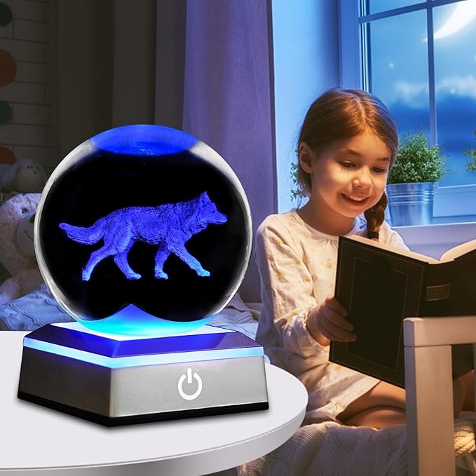 3D Wolf Crystal Ball Night Light 3.15 inch Glass Ball Table Lamp with Color Changing Touch Base Decor Ideal Wolf Statue Decor Gifts for Friends Kids Christmas Birthday