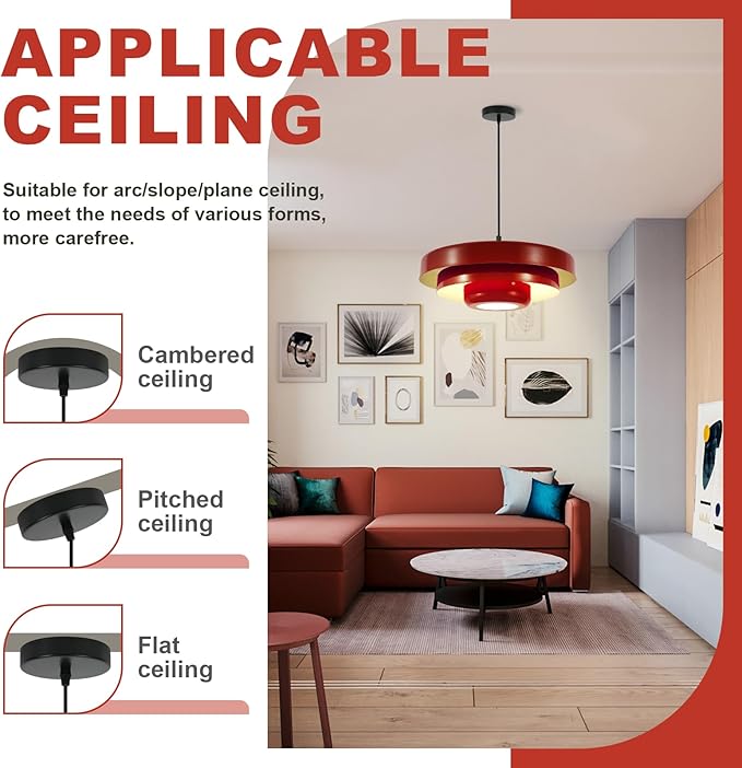 Vintage Red Ceiling Light, Large 3-Layer Metal Shade Mid Century Pendant, Industrial Hanging Light for Bedrooms, Living Room, and Hallway