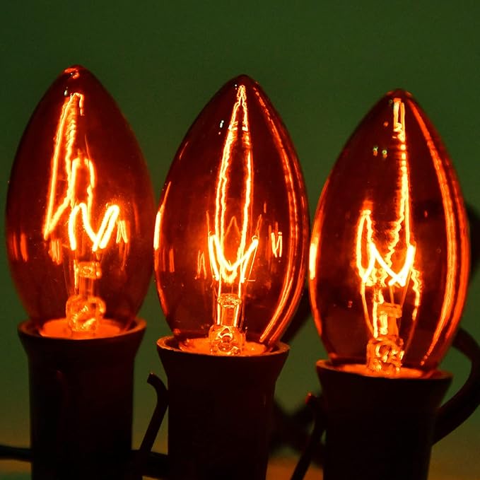 SUNSGNE 25 Pack C9 Orange Replacement Light Bulbs, Halloween Christmas Light Bulbs for E17 Base Outdoor String Lights, E17 Intermediate Base Light Bulbs, 7 Watt, Clear Orange