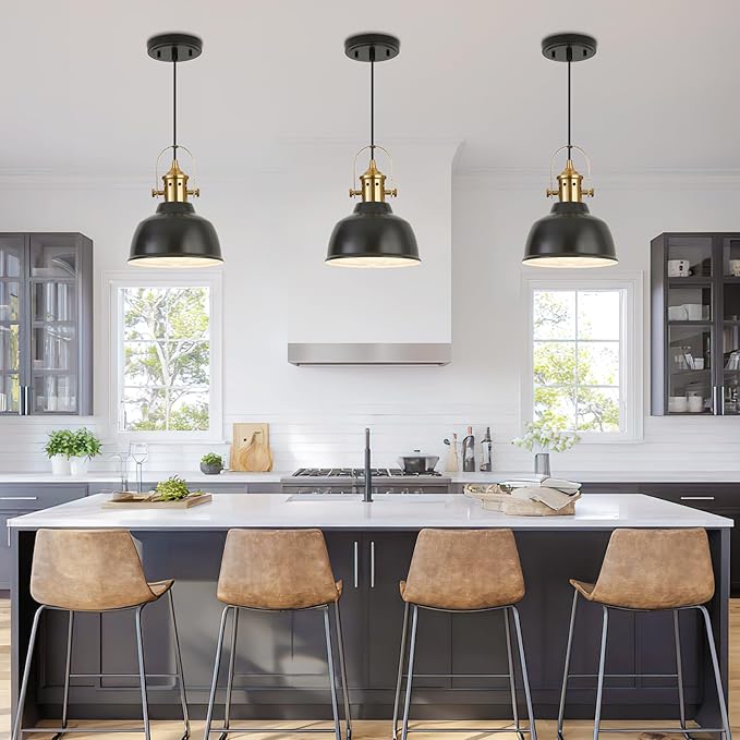 Farmhouse Small Pendant Lights, Black Pendant Lighting for Kitchen Island, lndustrial Adjustable Height Hanging Light for Barn, Dining Room, 3 Pack