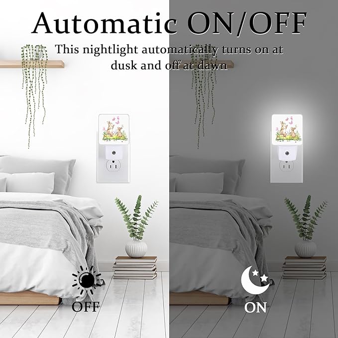 Cute Rabbits Butterfly Night Light, Plug-into Wall Happy Easter Bunny Animals Nightlight Lamp with Dusk to Dawn Sensor, Led Lamp 0.5W Energy Efficient for Boys Girls Adults Home Decor