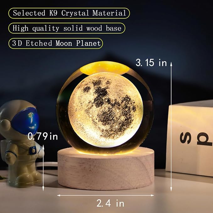 3D Laser Engraved Moon Crystal Ball Lamp, 2.4" Glass Sphere Decorative Balls, Moon Planet Space Globe Night Light Gifts for Women