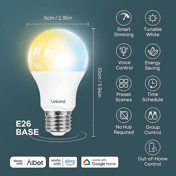 Linkind Smart Light Bulbs 6-Pack A19 E26, Tunable White 2700K-6500K (CRI>90), Works with Alexa & Google Home, 2.4GHz Wi-Fi & Bluetooth, 800LM 60W Equivalent