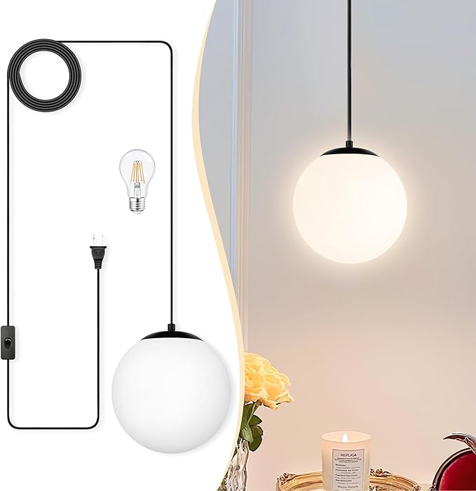 KoKo&Yukina 8" Globe Pendant Light Black Plug in Pendant Light Adjustable Hanging Lights with Plug in Cord Matte Black Finished with Milk Glass Lampshade for Bedroom Kitchen Island（Bulb Included）
